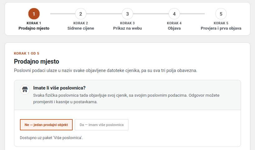Čarobnjak MP Generatora Cjenika, korak 1 od 5 „Prodajno mjesto”: izbor između jednog prodajnog objekta i više poslovnica.