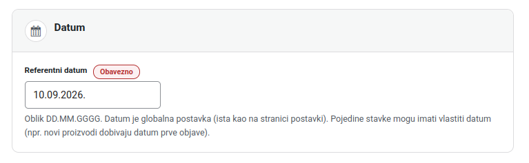 Kartica „Datum” u koraku 2: obavezno polje „Referentni datum” s datumom 10.09.2026.