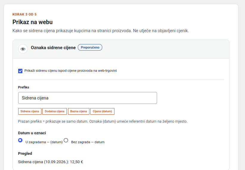 Korak 3 „Prikaz na webu”: uključen prikaz sidrene cijene, prefiks „Sidrena cijena” i pregled „Sidrena cijena (10.09.2026.): 12,50 €”.