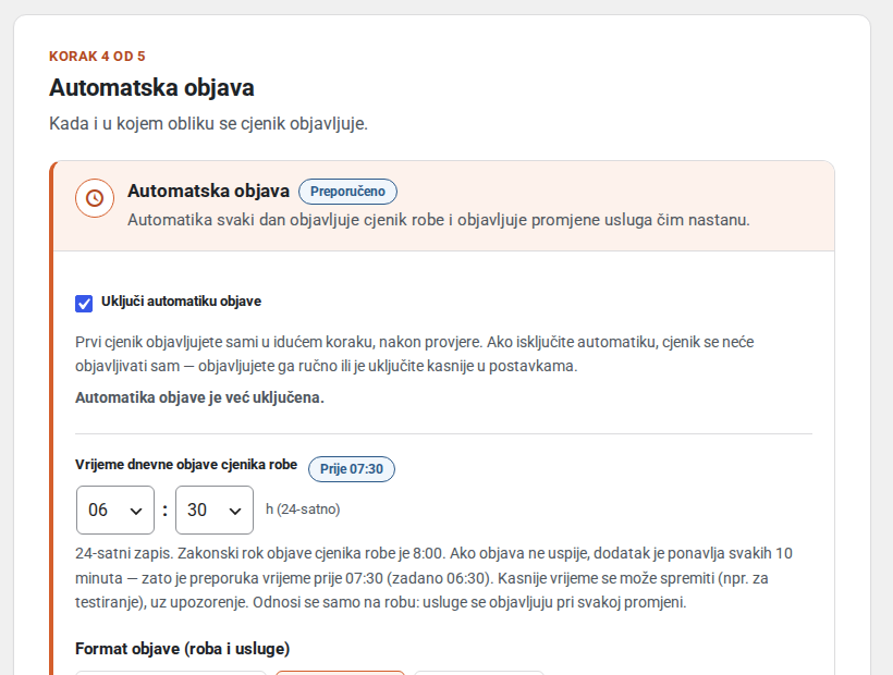 Korak 4 „Automatska objava”: uključena automatika objave, vrijeme dnevne objave cjenika robe 06:30.